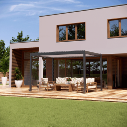 SUNDRAX COMFORT — alumīnija bioklimatiskā pergola ar rotējošām lamelēm, motorizētu vadību un LED apgaismojumu
