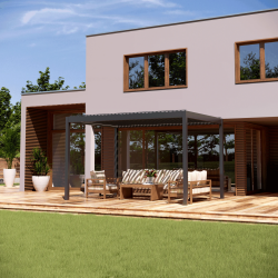 SUNDRAX COMFORT — alumīnija bioklimatiskā pergola ar rotējošām lamelēm, motorizētu vadību un LED apgaismojumu