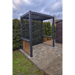 SUNDRUX GRILL — alumīnija pergola grila zonai ar grozāmām lamelēm, iebūvētām sānu darba virsmām un aizsargājošu aizmugurējo lamelu sienu